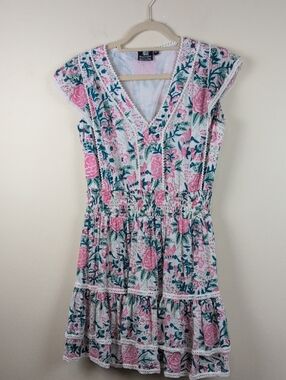 Madison Mathews Floral V-Neck Smocked Waist Cotton Dress Size M